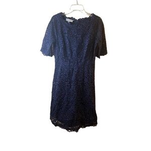 Rickie Freeman Teri Jon 19321 Navy Lace Short Sleeves Scalloped Hem Dress 12